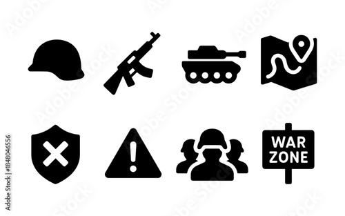 Collection of military and war-related icons on a white background