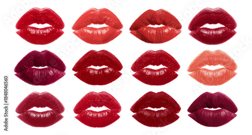 Set of realistic lipstick kiss marks in various shades