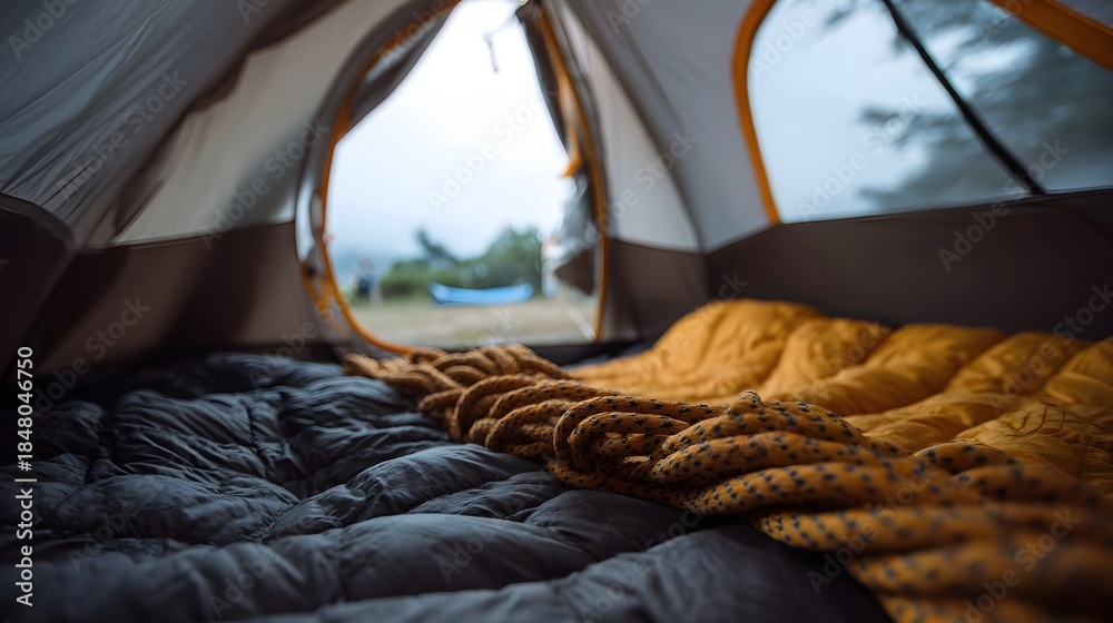 Fototapeta premium Inside a camping tent with cozy sleeping bags and a misty outdoor view