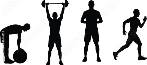Fitness Men Silhouette Set, Gym Workout Poses, Weightlifting Running Training Exercise, Athlete Outlines, CAD Drawing, Flat Vector Illustration, Sports Graphic Elements.