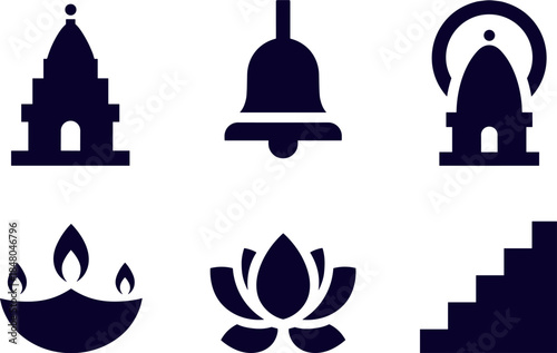 Indian culture and religious symbols in dark blue icons