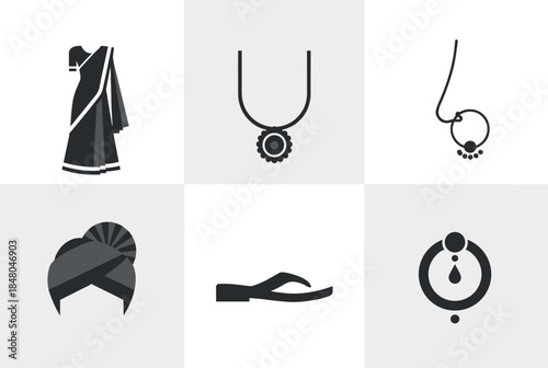 Indian traditional clothing and jewelry flat icon collection