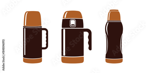 Vector symbol of three different thermos icons. Isolated sign.

