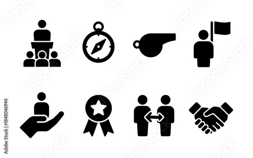 Set of business and leadership icons representing teamwork, strategy, and success