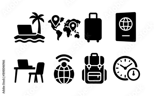 Digital nomad icons representing travel, work, and time management for global adventures