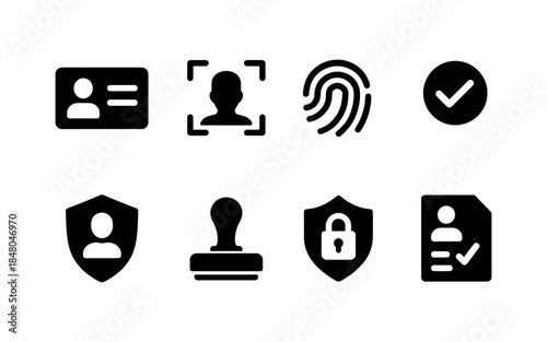 Collection of security and identification icons including fingerprint, face scan, and ID card
