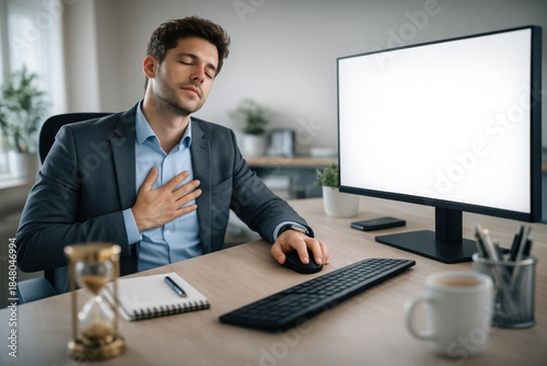 Businessman feeling stressed at office desk with computer