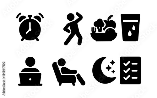 Healthy lifestyle icons representing daily routine and self-care activities