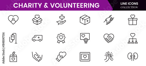Volunteering and charity web icons in line style. Donate, donor, doctor, care, help, support, collection Vector illustration.