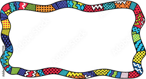 Wavy rectangular frame with colorful geometric Memphis patterns