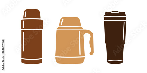 Three types of thermos icons. Isolated vector symbol.