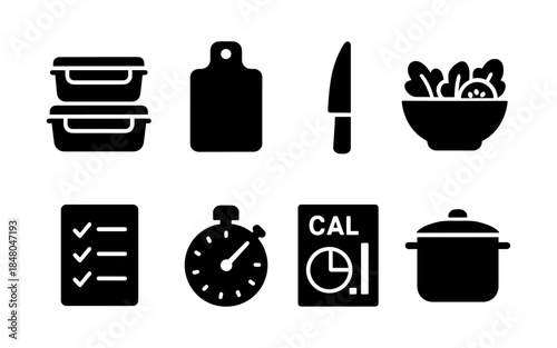 Collection of kitchen and meal prep icons for healthy eating and cooking