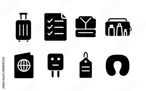 Collection of travel icons including suitcase, checklist, toiletries, and passport