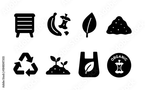 Set of icons representing composting and organic waste management concepts
