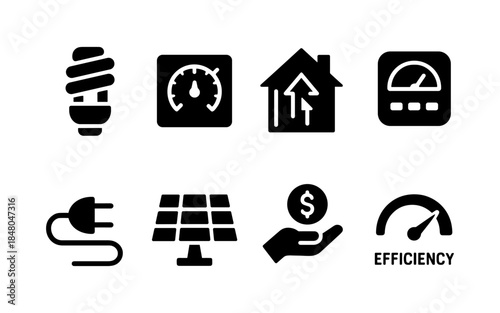 Energy efficiency icons: light bulb, solar panel, plug, house, and money