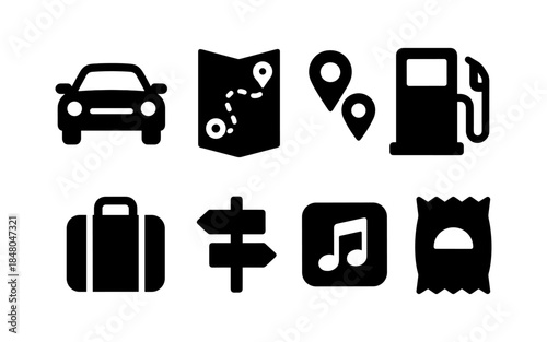 Collection of travel and road trip icons including car, map, gas station, and luggage