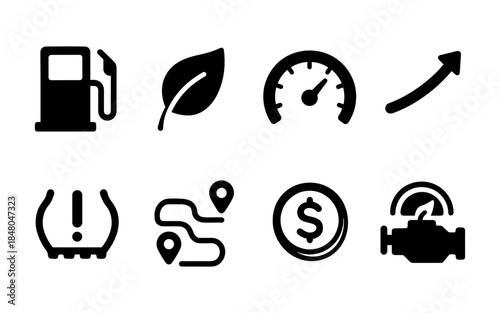 Collection of car related icons for fuel efficiency, navigation, and maintenance