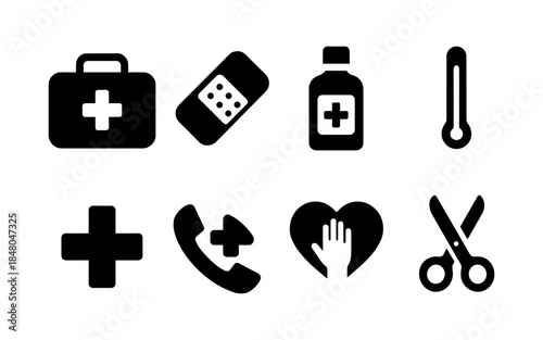 Collection of medical icons representing healthcare and emergency services