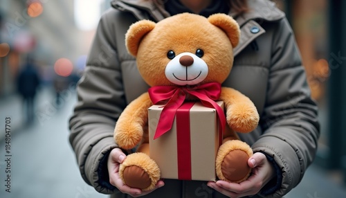 Person holding teddy bear and gift box on city street  