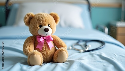 Stuffed teddy bear on hospital bed with stethoscope and blue sheets  