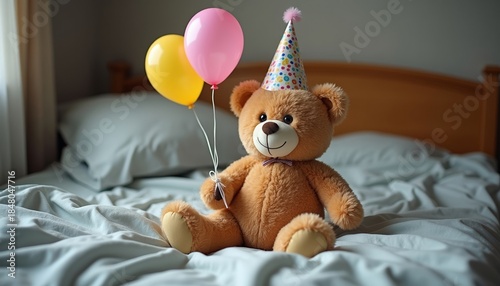 Plush teddy bear wearing party hat and holding balloons on bed  