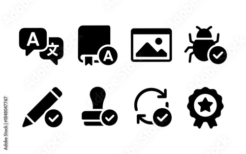 Collection of eight black icons representing different actions and concepts on a white background