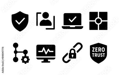 Cybersecurity icons representing data protection, identity verification, and network security