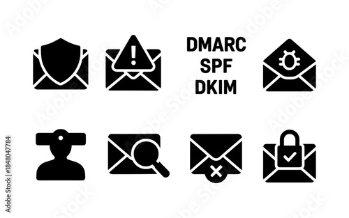 Email security icons and acronyms DMARC SPF DKIM for digital communication safety