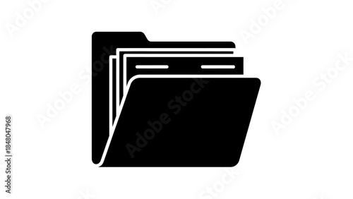 Simplified black and white icon illustrating a folder filled with documents and files representing