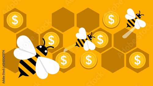 A swarm of bees collecting dollar coins from a honeycomb pattern on a yellow background, symbolizing financial growth and business.