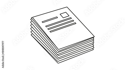 Simplified black and white illustration of a stack of documents or reports with minimalistic line