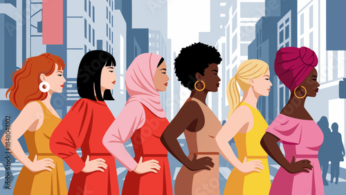 Diverse group of women of different ethnicities and ages standing together in a city street.