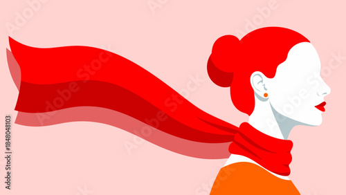 A stylized illustration of a woman with bright red hair and a flowing red scarf against a soft pink background.