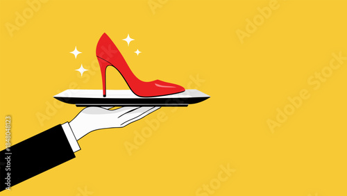 A hand in a white glove presents a sparkling red high-heeled shoe on a silver tray against a bright yellow background.