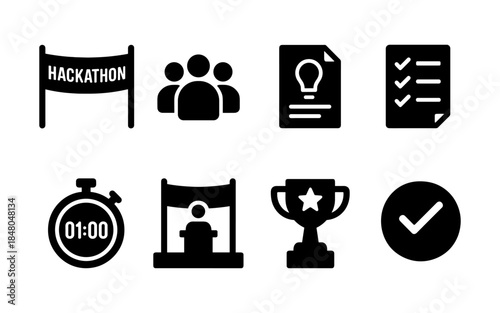 Hackathon icons representing teamwork, ideas, competition, and success