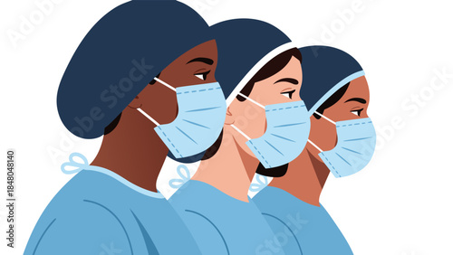 Three diverse healthcare professionals wearing surgical masks and caps, depicted in a profile view against a white background.