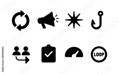 Collection of eight black icons representing business and technology concepts on a white background