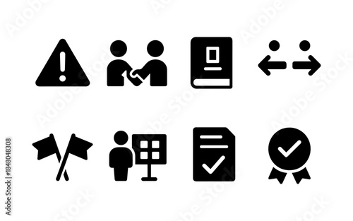 Collection of eight black business and success icons on a white background
