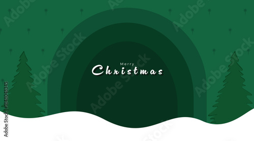 Festive Christmas scene featuring layered dark green arches, stylized evergreen trees, and a snowy foreground. Warm, minimalist, and cheerful ideal for holiday cards, banners, and seasonal marketing
