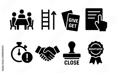 Business icons for negotiation, agreement, and progress in a meeting