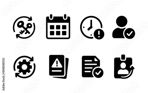 Set of eight modern black icons representing business and management concepts