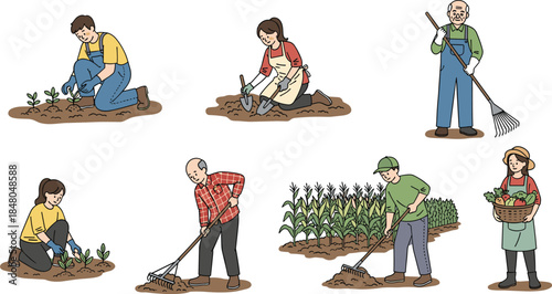 Farmers gardening and cultivating crops in rural agriculture scene, people planting, weeding, harvesting vegetables together, sustainable farming lifestyle, organic food production, 