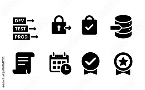 Set of icons representing development, security, data, and achievements in business