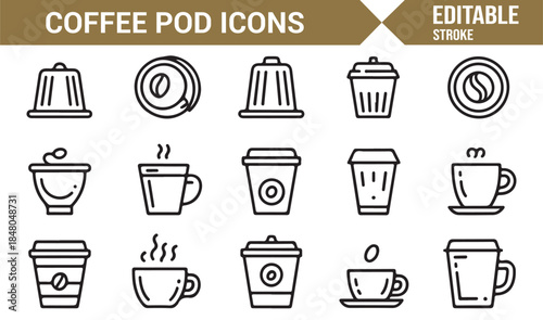 Monochrome coffee pod and cup icon collection
