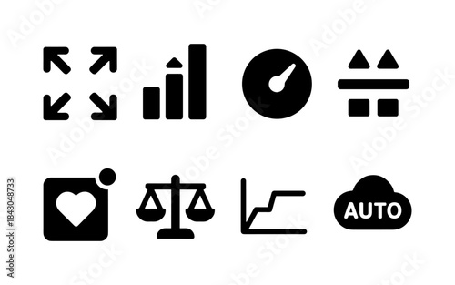 Collection of eight diverse black icons representing business and technology concepts