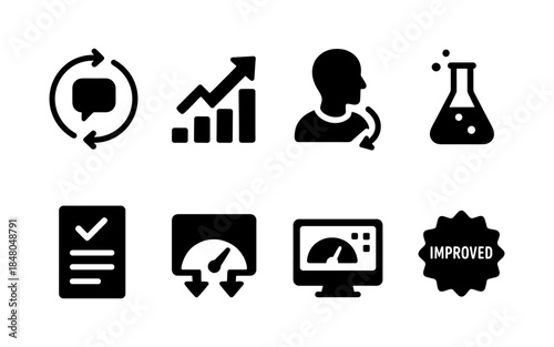 Collection of business and science icons representing growth, analysis, and improvement