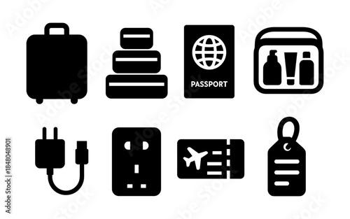 Collection of travel icons including luggage, passport, and airplane ticket