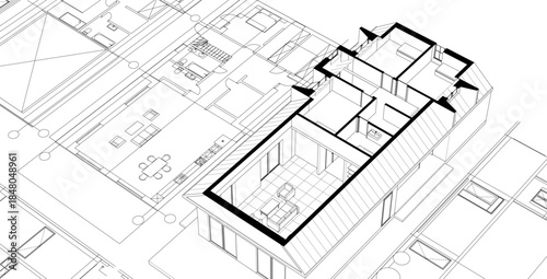 modern house plan sketch 3d illustration