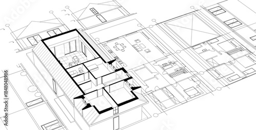  modern house plan sketch 3d illustration