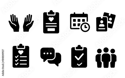 Set of black icons representing common business and healthcare concepts